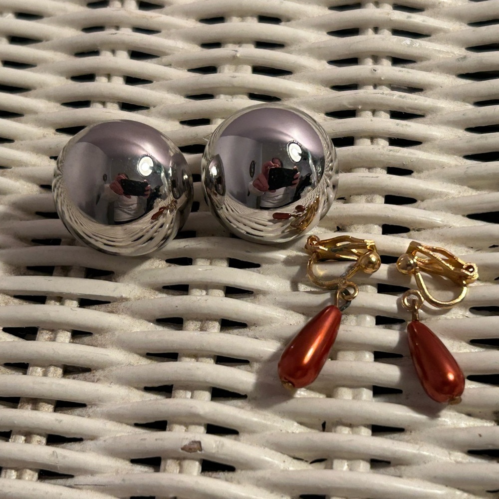 Vintage Coro Chrome Ball Clip-On Earrings & Copper Drop Pair Retro Mod Bundle